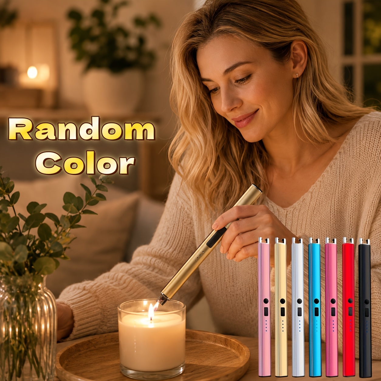 TEMU Random Color Usb Rechargeable Windproof Electronic Lighter With Battery Indicator & Switch, Compact Portable For Camping, Bbq, Kitchen, Candle