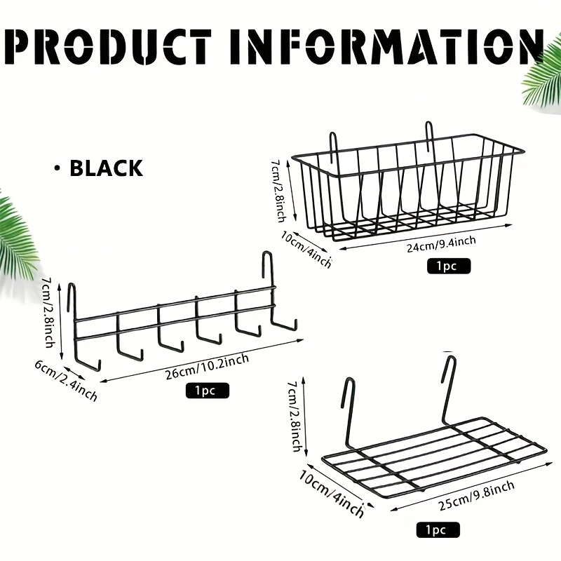 3pcs Hanging Wall Baskets & Hooks Rack & Hanging Shelf, Wall Grid Accessories For Wire Wall Grid Panel, Grid Wall Basket & Hanging Hooks Storage For Room Storage, Photo Wall Display