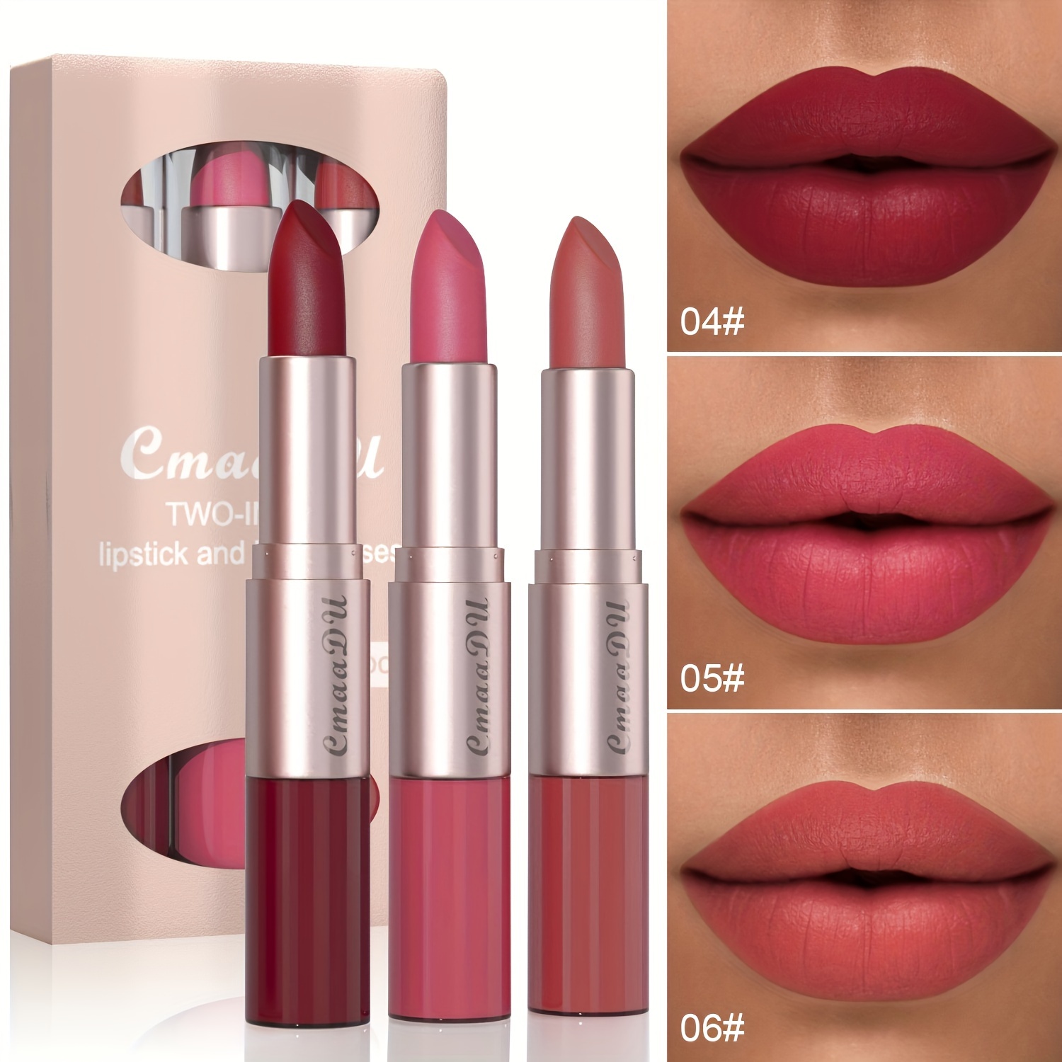 TEMU 3-pack 2-in-1 Mouth Red Lip Gloss Matte Velvet Lip Gloss Durable Waterproof, Non Fading, Non Stick Cup Lipstick Day Gift