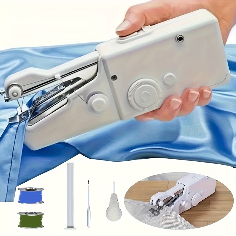 handheld electric portable mini sewing machine for fabric cloth clothes   sewing supplies plus accessory bag the blue fabric on the sewing machine is self contained and not a secondary