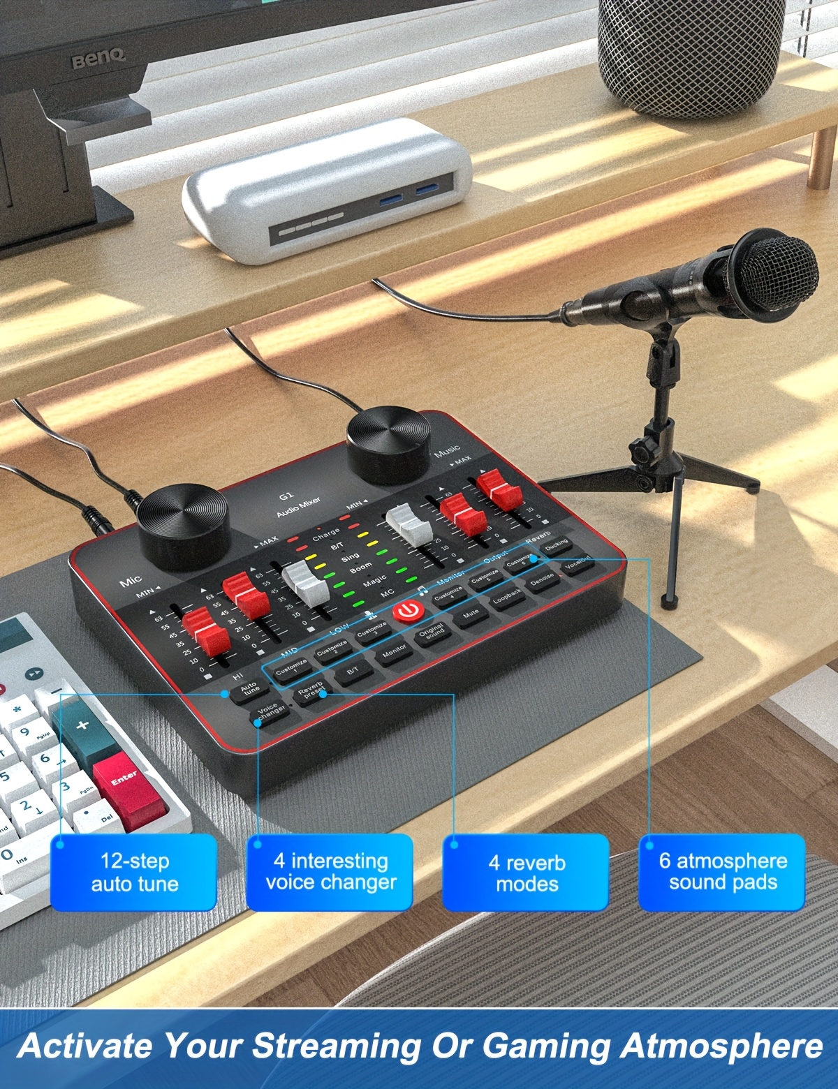 Podcast Equipment Bundle, All-in-One Audio Interface DJ Mixer with 2 Condenser Microphones, Recording Studio Kit Live Sound Card for Singing Broadcast, Live Streaming, Gaming