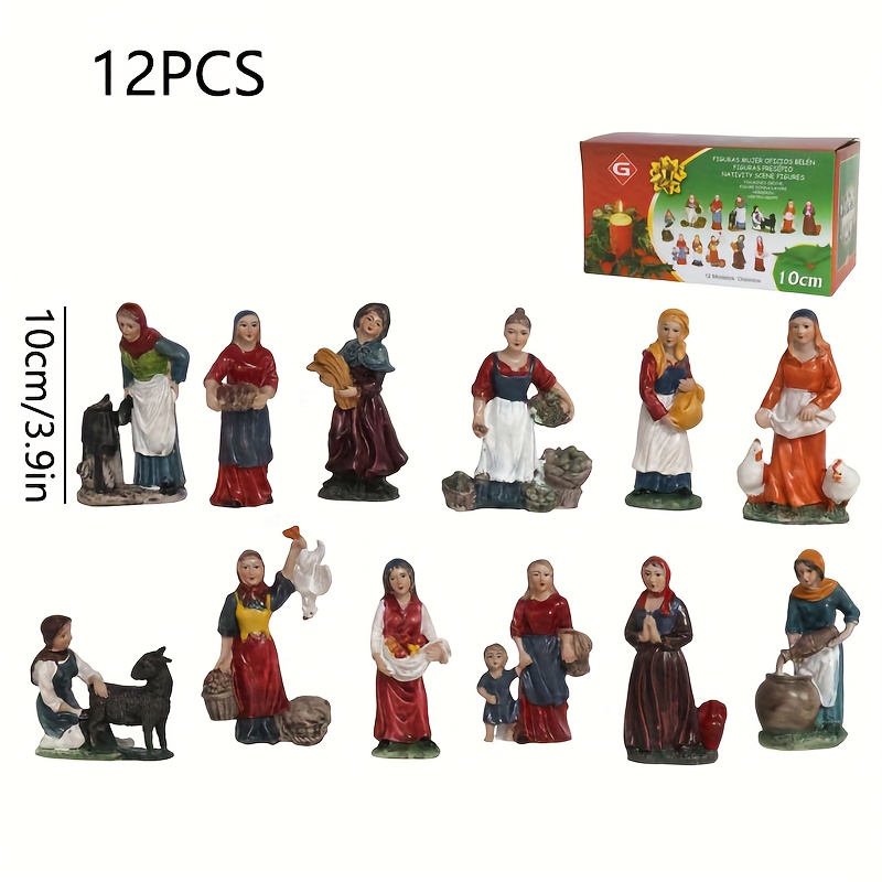 Image of 12pcs Hand-painted Nativity Scene Figures Suitable For - 12pcs Plastic/resin Manger Scene With,,, Shepherds, Animals & Wise Men - / Christmas Decoration