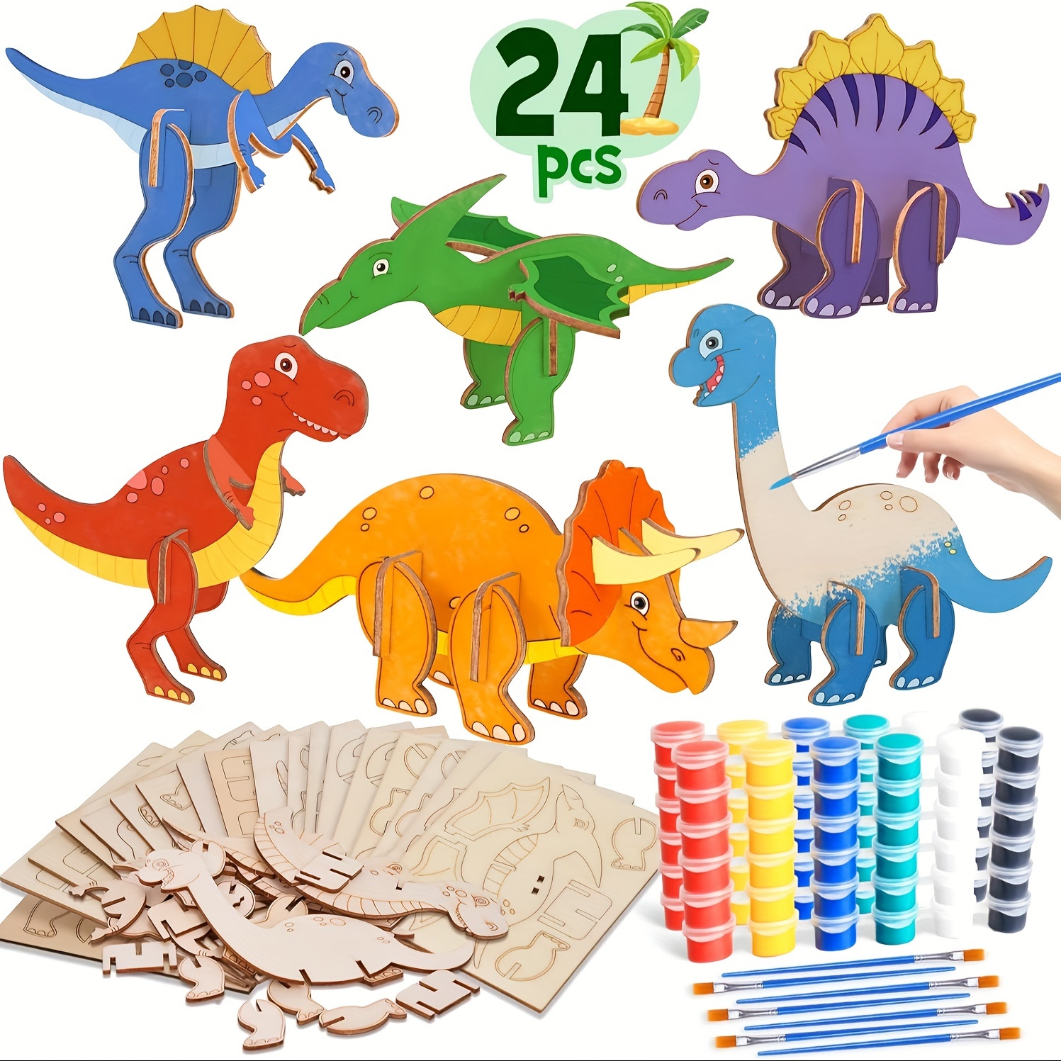 

1set-24pcs Dinosaur Crafts Wooden Dinosaur Painting Kit With Wood Dinosaur Puzzle, Games Dinosaur Birthday Party Favors Supplies Gifts