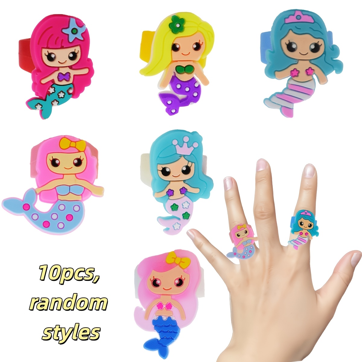 TEMU 10pcs Random Mermaid Silicone Adjustable Open Band Stackable Rings, Y2k Kawaii Aesthetic Unisex Costume Jewelry, Party Favor Gift For All Ages,