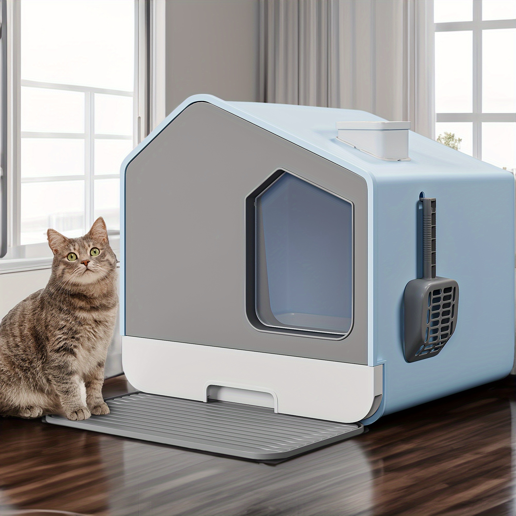 TEMU Extra Large Enclosed Cat Litter Box With Mat And Litter , Anti-splashing Covered Hooded , No Installation Needed