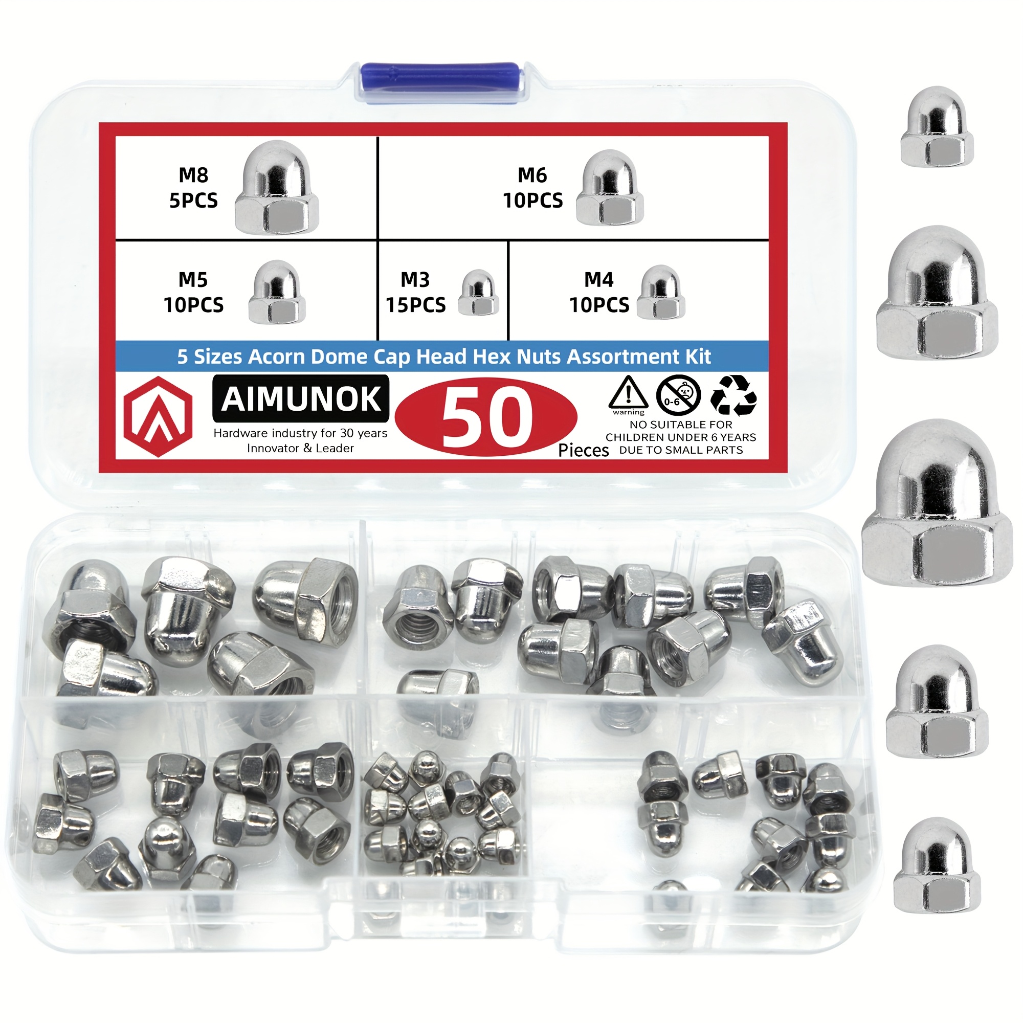 Image of 50pcs Aimunok Stainless Steel Nut Set - M3 To M8 Sizes, Decorative Hex Dome Caps, , Polished Finish, Durable &, Nut Assortment Kit|organized Storage|durable Hardware