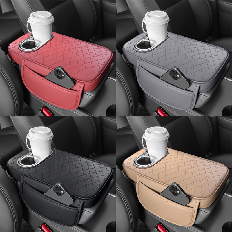 

1pc Car Center Console Pad With 2 And 2 Cup Holders For Phone Bottle And Cards, Leather Universal Car Armrest Seat Box Covers Protector Interior Accessories