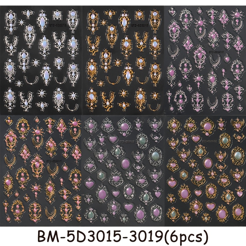 Image of 6pcs Nail Stickers Vintage Baroque Style Luxury Golden And Silvery Foil Edge Heart Embossed 3d Self-adhesive Disposable Nail Decals