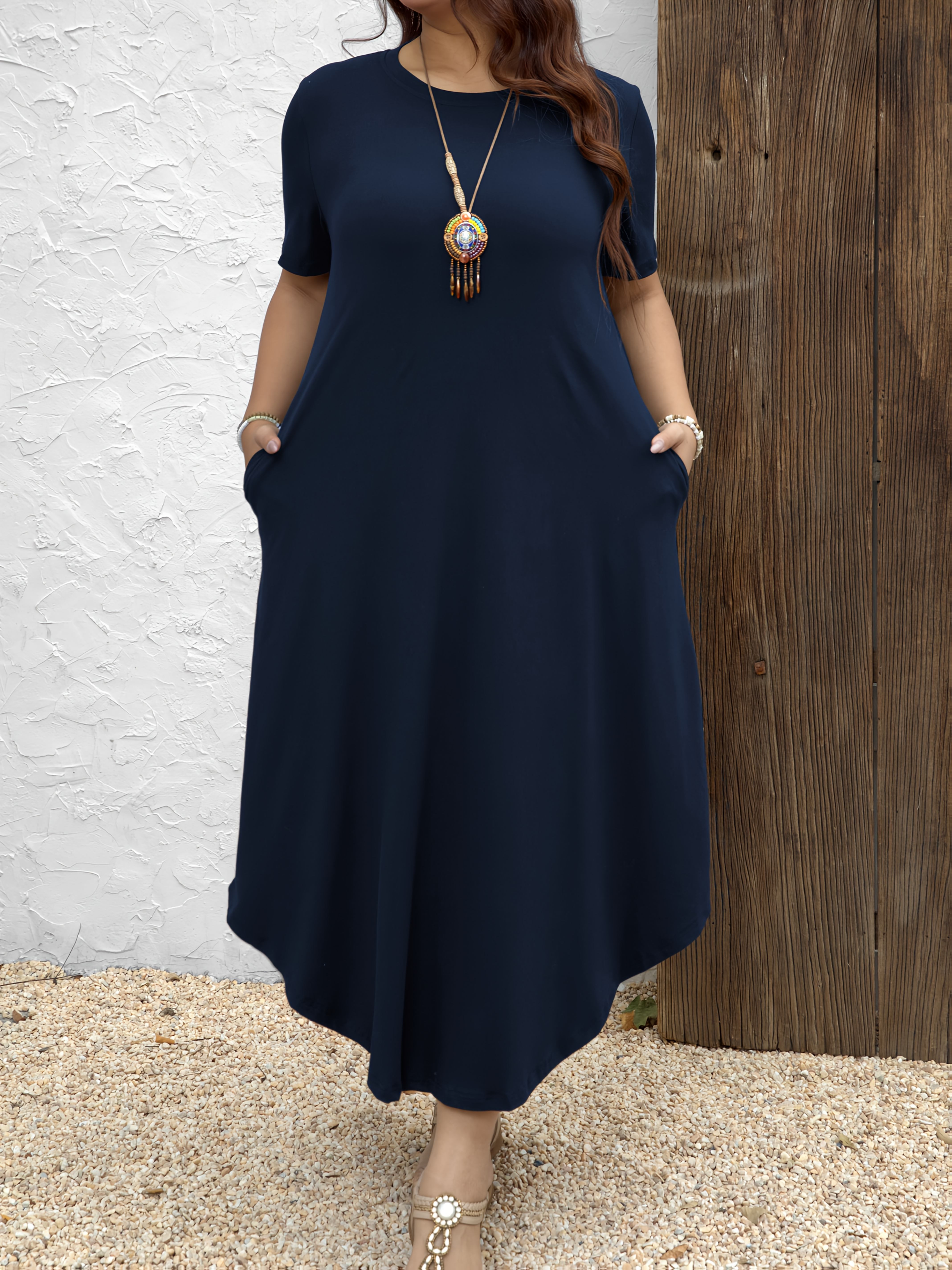 knee length dresses for ladies Glenda Navy Short Sleeve Crescent Dress main image 1