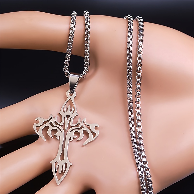 stainless steel cross pendant necklace for women men hip hop style silvery necklace jewelry details 0