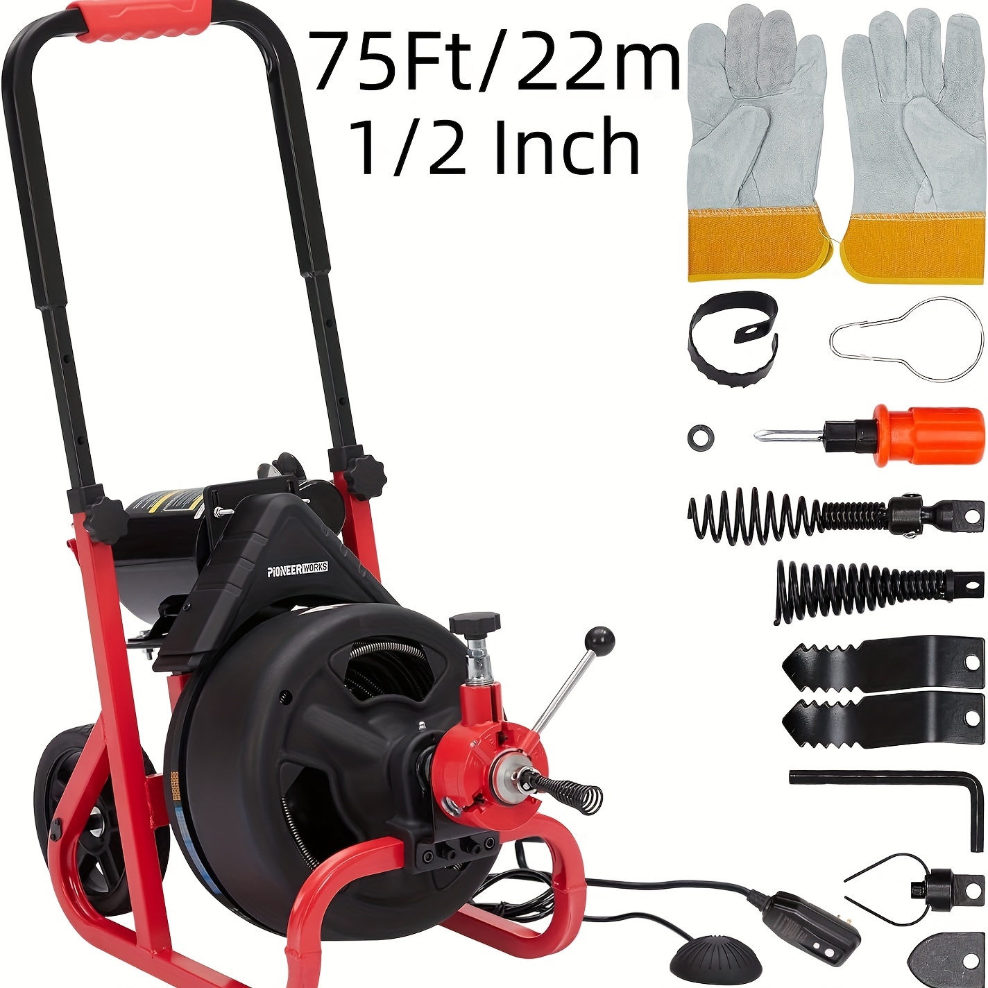 

1 Set 75ft/22m X 1/2 Inch Machine, Sewer Snake Machine Auto Feed, Drain Auger Cleaner With 6 , Professional For Inch Pipes