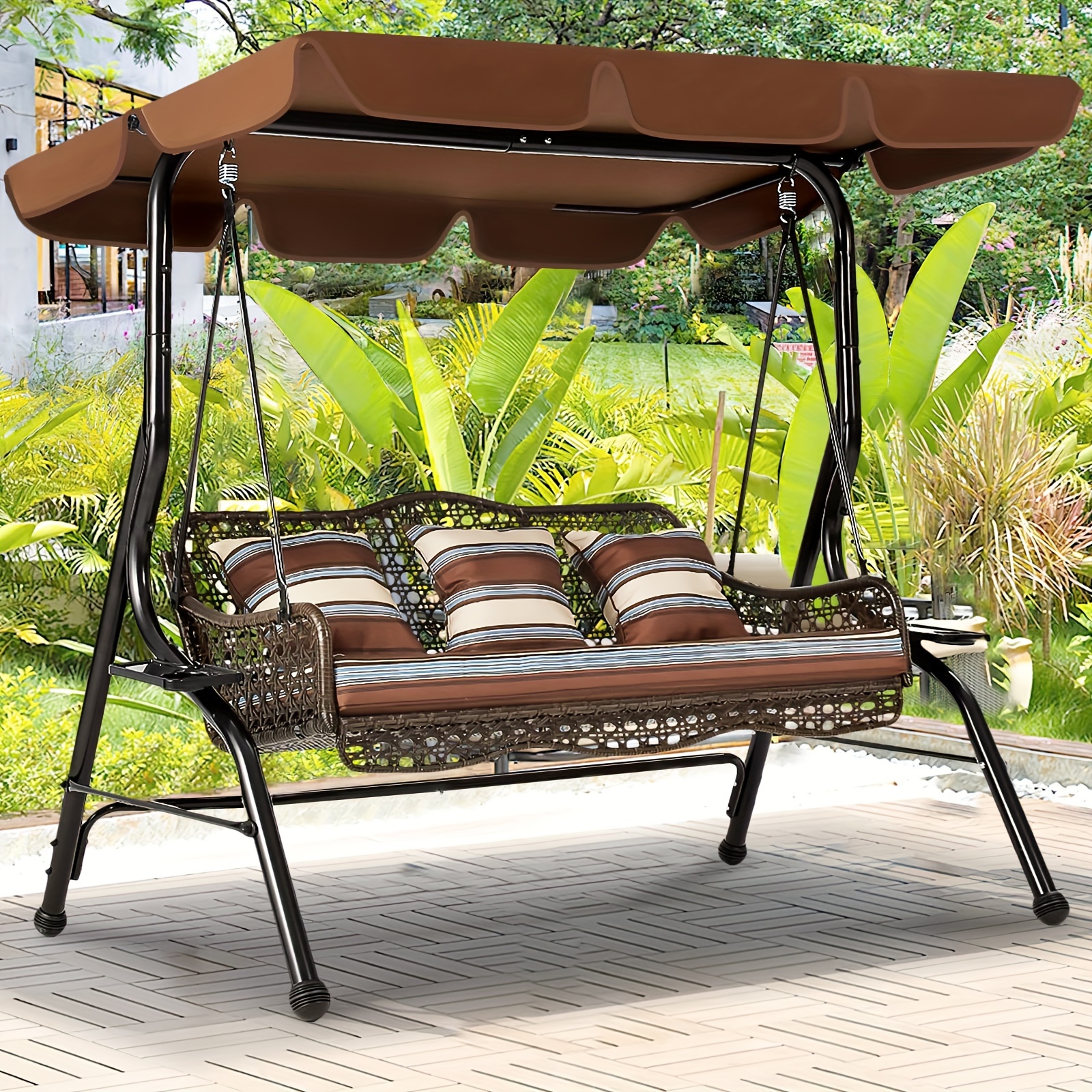 

3-seat Proch Swing Chair, Patio Swing With , 2 Side Trays, 3 Pillows & Removable Cushion, Patio Wicker Swing With Stand Outdoor Swings For Adults, Balcony, Garden, Deck(brown Rattan)