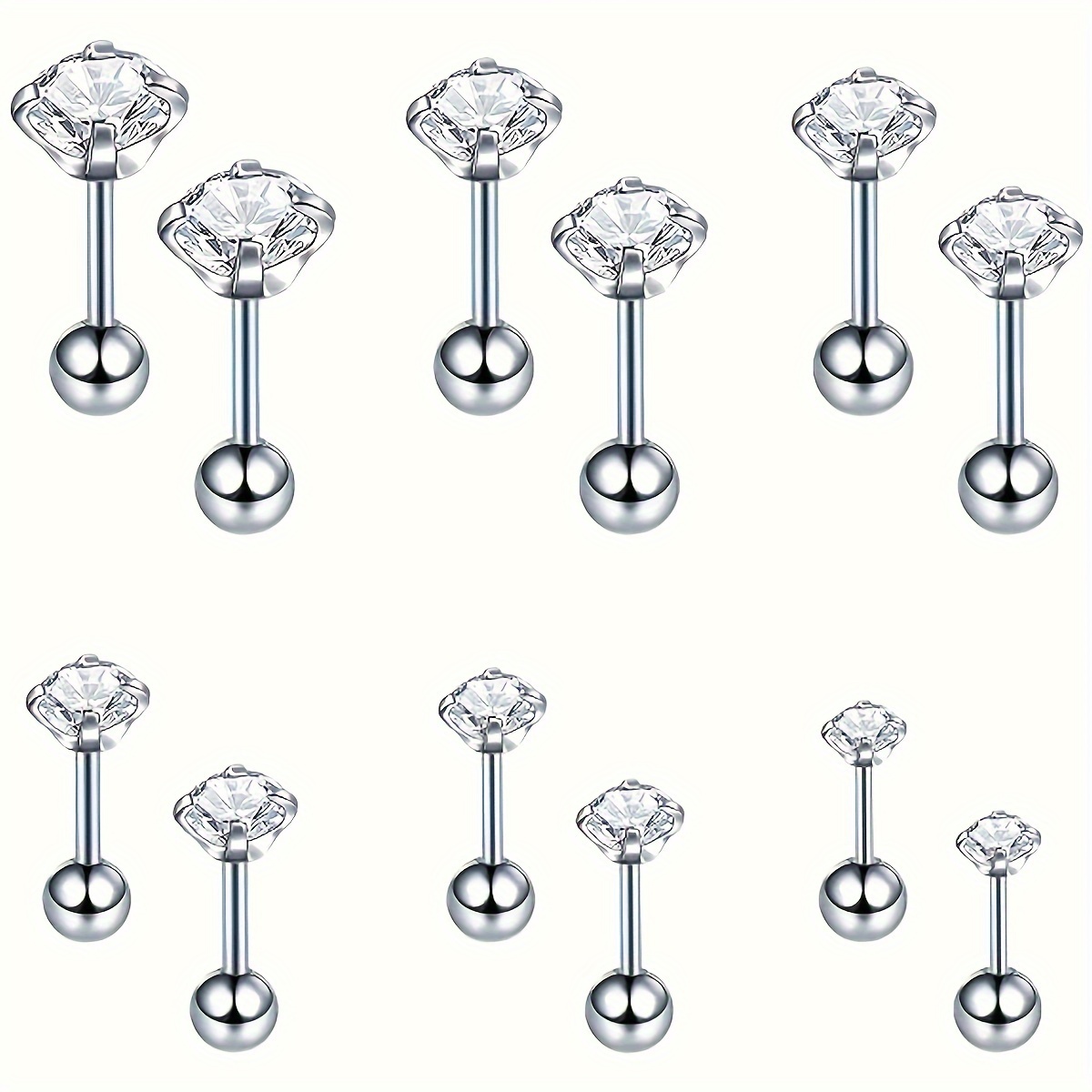 

6 Pairs Cubic Zirconia Hypoallergenic Stud Earrings 20g For Women Men Girls Statement Fashion Stainless Steel Tragus Helix Earrings Piercing Jewelry Set 2mm-7mm Cartilage Earrings For Sensitive Ears