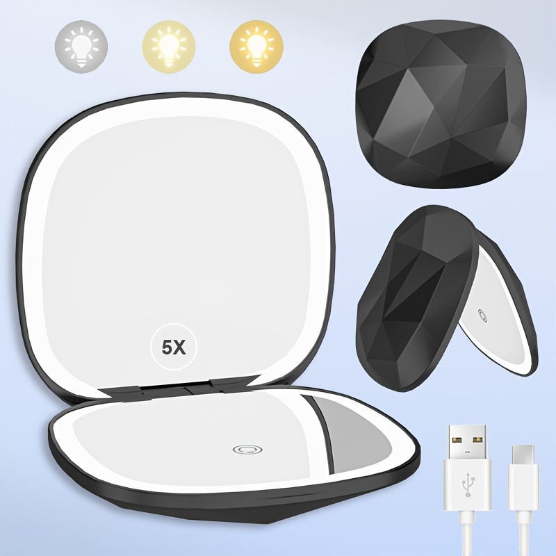 TEMU 1x/5x Magnification 3 Colors Led Light Compact Travel Makeup Mirror With Light, Magnifying Mirror And Normal Mirror, Travel Portable For Purse