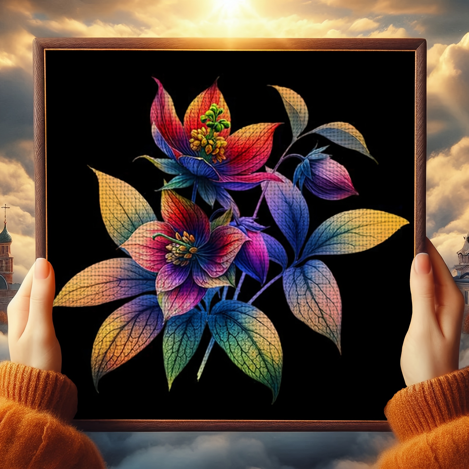 Cross Stitch Printed Kit, Frameless, Black Background with Colorful Flower Cluster