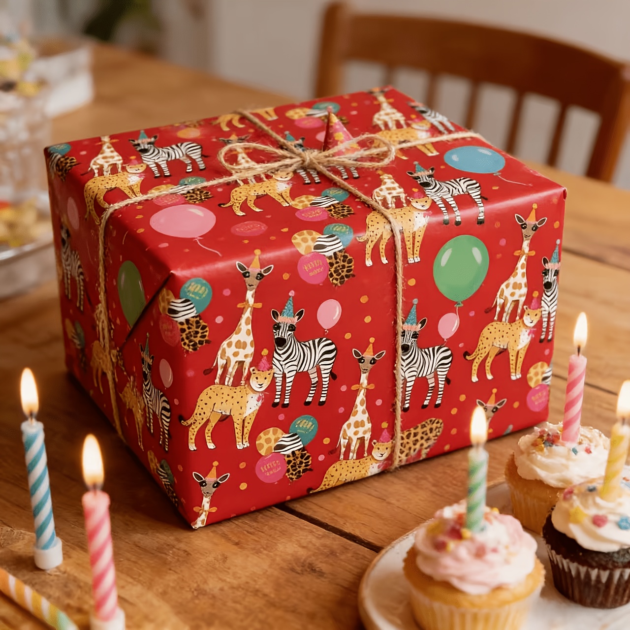 TEMU Roll Of Cartoon Animal Birthday Wrapping Paper Measuring 118.11 Inches By 16.93 Inches, Featuring Giraffes And , Perfect For Party Gifts And