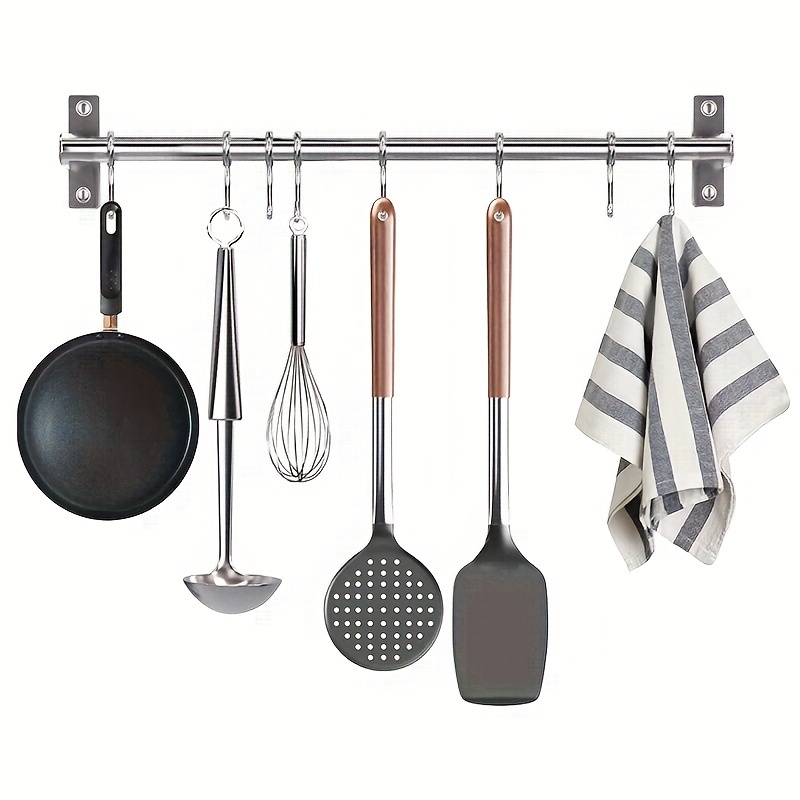 

1pc Fashion Stainless Steel Kitchen Utensil Rack Holder, Wall Mounted With 8 Hooks, , Space-saving Design For Cooking Tools And Accessories, Utensil Hanging| Decor| Rack