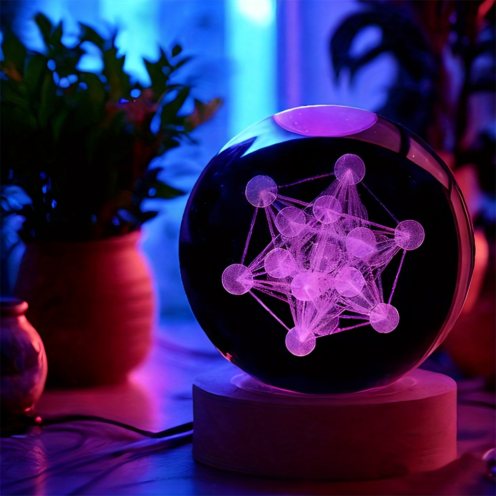 TEMU 1pc 3d Tatron Crystal Ball Night Light With Wooden Base - K9 Crystal Sphere, 6 Color Changing Led (multicolor, Flashing, White/red/blue/green),