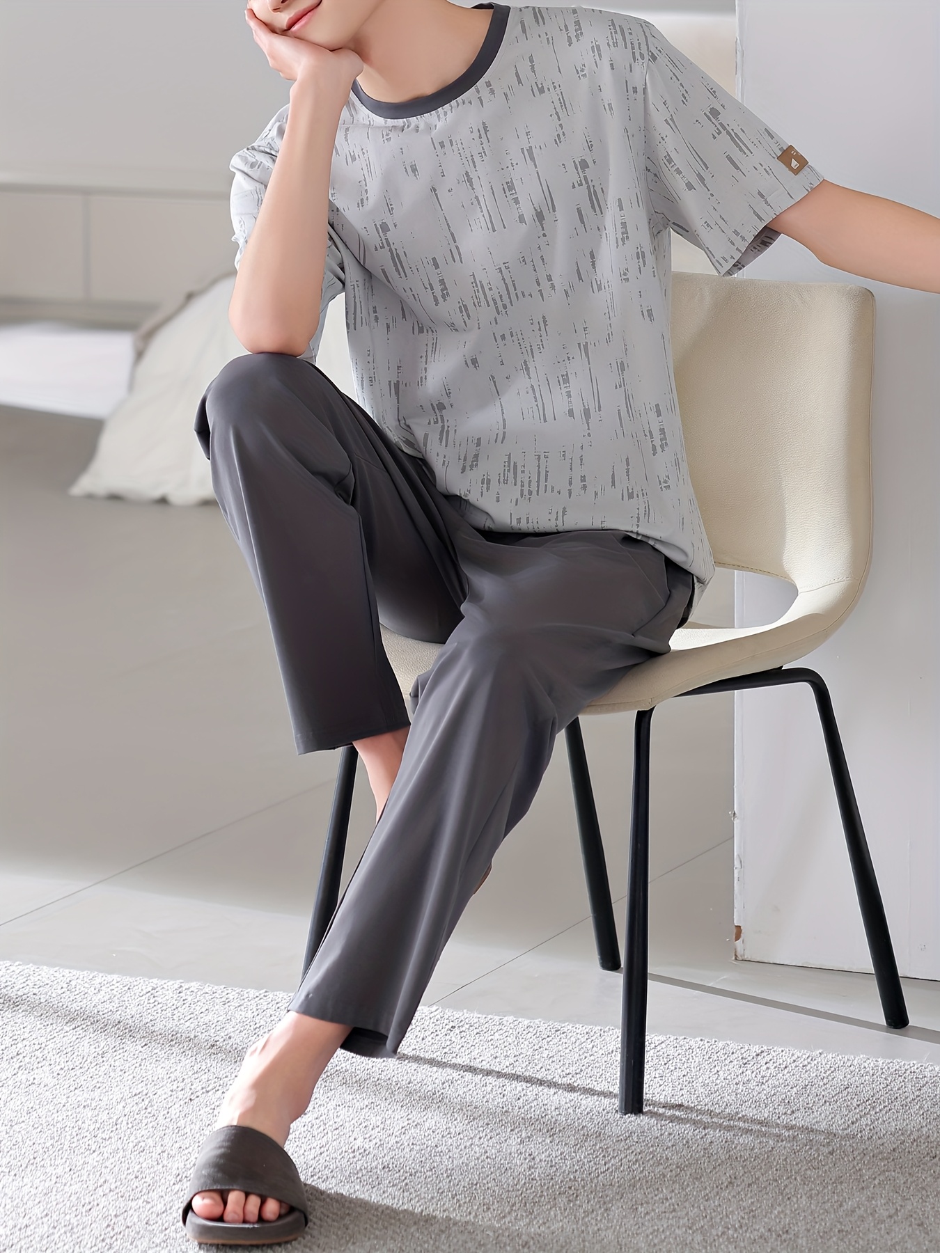 Men'S Casual Summer Cotton Pajama Set - Short Sleeve, Long Pants, Crew Neck, Loose Fit, Geometric Pattern, Breathable Fabric, Ideal for Home Wear, Casual Summer Wear|Geometric Pattern Pajama|Breathable Fabric