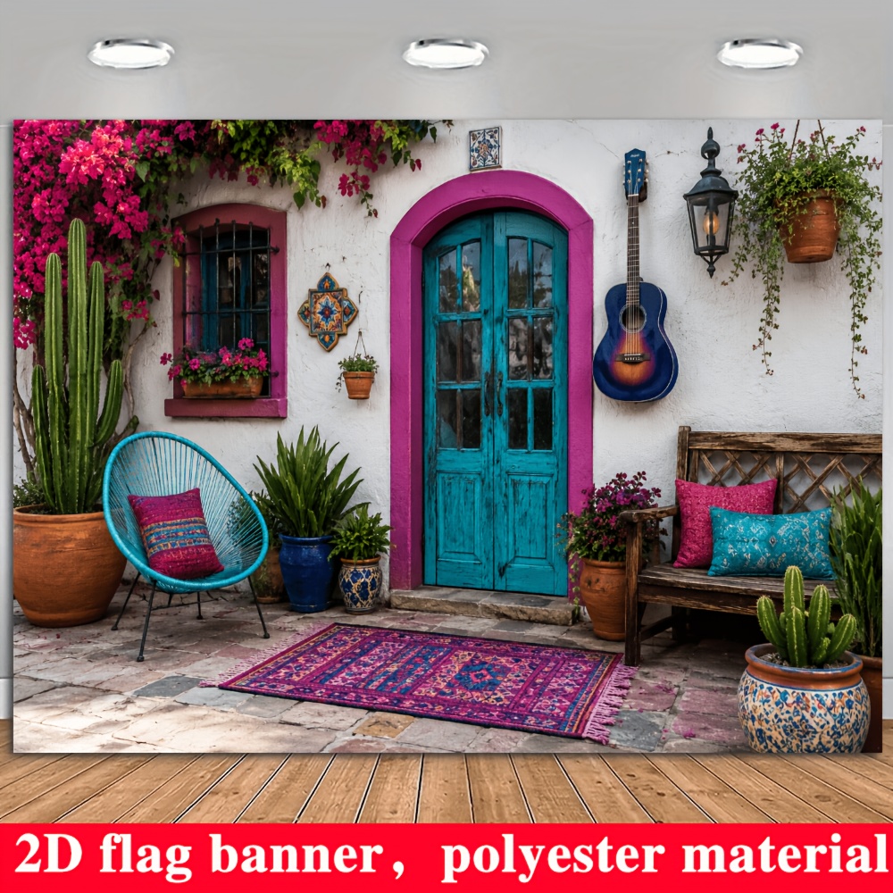 item picture 2d flat banner 2d flat 1pc 2d banner bohemian courtyard theme banner background featuring colorful doors and windows   and guitar retro courtyard scenery made of polyester material no power needed for convenient use