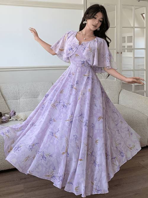 targeted development elegant womens v neck cloak design floral print chiffon waist flared skirt bridesmaid dress