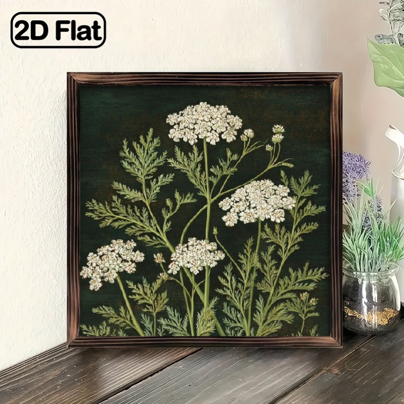 TEMU 2d Flat, 8x8 Inch Framed Floral Botanical Wall Art Poster - Dark Green & Wildflowers On Dark Olive- Frame, Minimalist Modern For Home Decor For