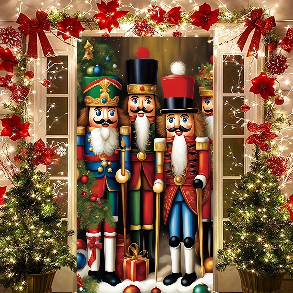 

1pc, Merry Christmas Door Cover Banner (35 X 70 Inches), Polyester Material, Nutcracker Brothers Pattern Christmas Porch Sign, Winter Farmhouse Front Door Hanging Banner, Home Wall Decor