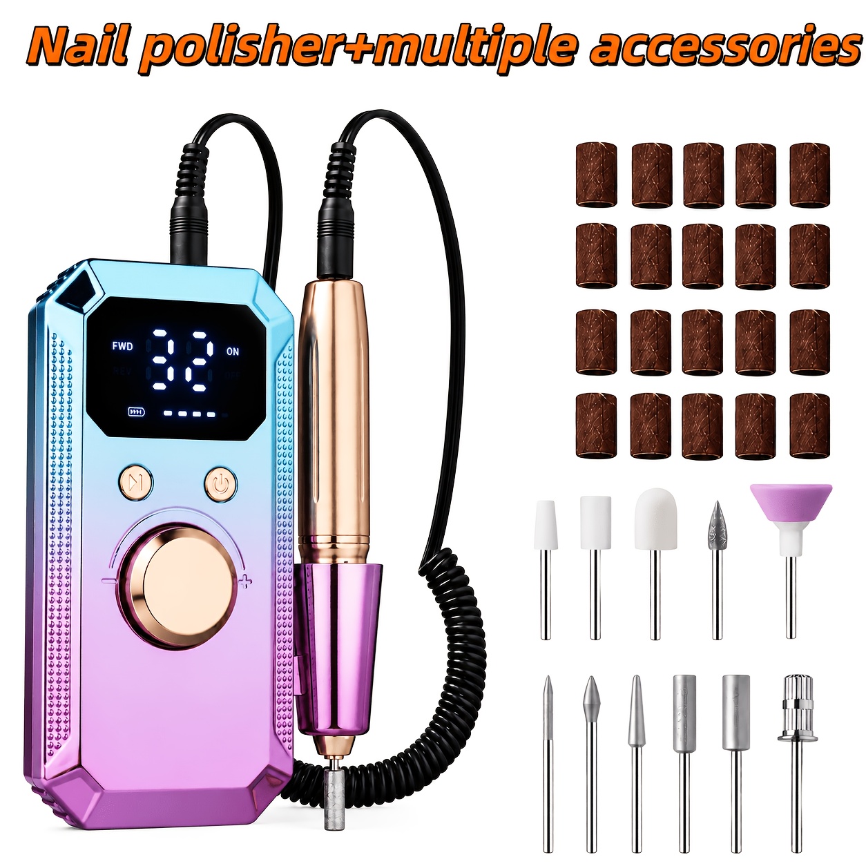 TEMU Kit de taladro eléctrico recargable por USB para uñas - 32 ajustes de velocidad regulables, pulidor de uñas portátil con 20 bandas de lijado