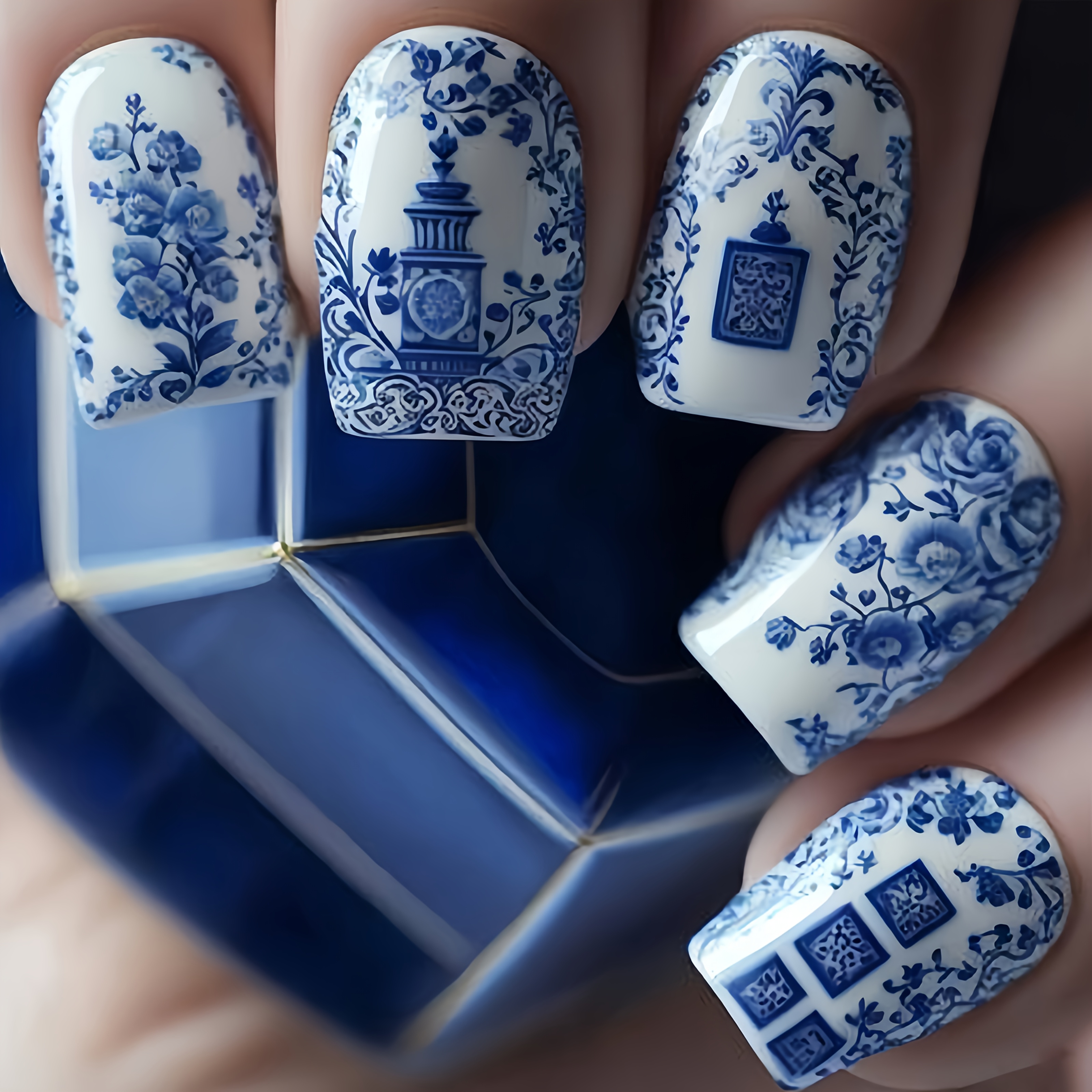 

24pcs Blue And White Porcelain Pattern Nail Stickers, Middle Length Square Shape, , Removable Press-on Nails With Floral And Leaf Design, Fashionable Nail Art Decals