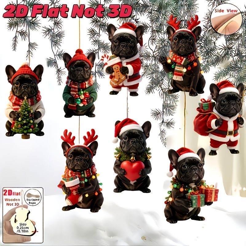 TEMU 2d Flat, 2d Flat 8pcs Set Of Gentle And Dazed Bulldog Wooden Christmas Ornaments, Hanging Decor Suitable For Various Scenes, Holiday Atmosphere
