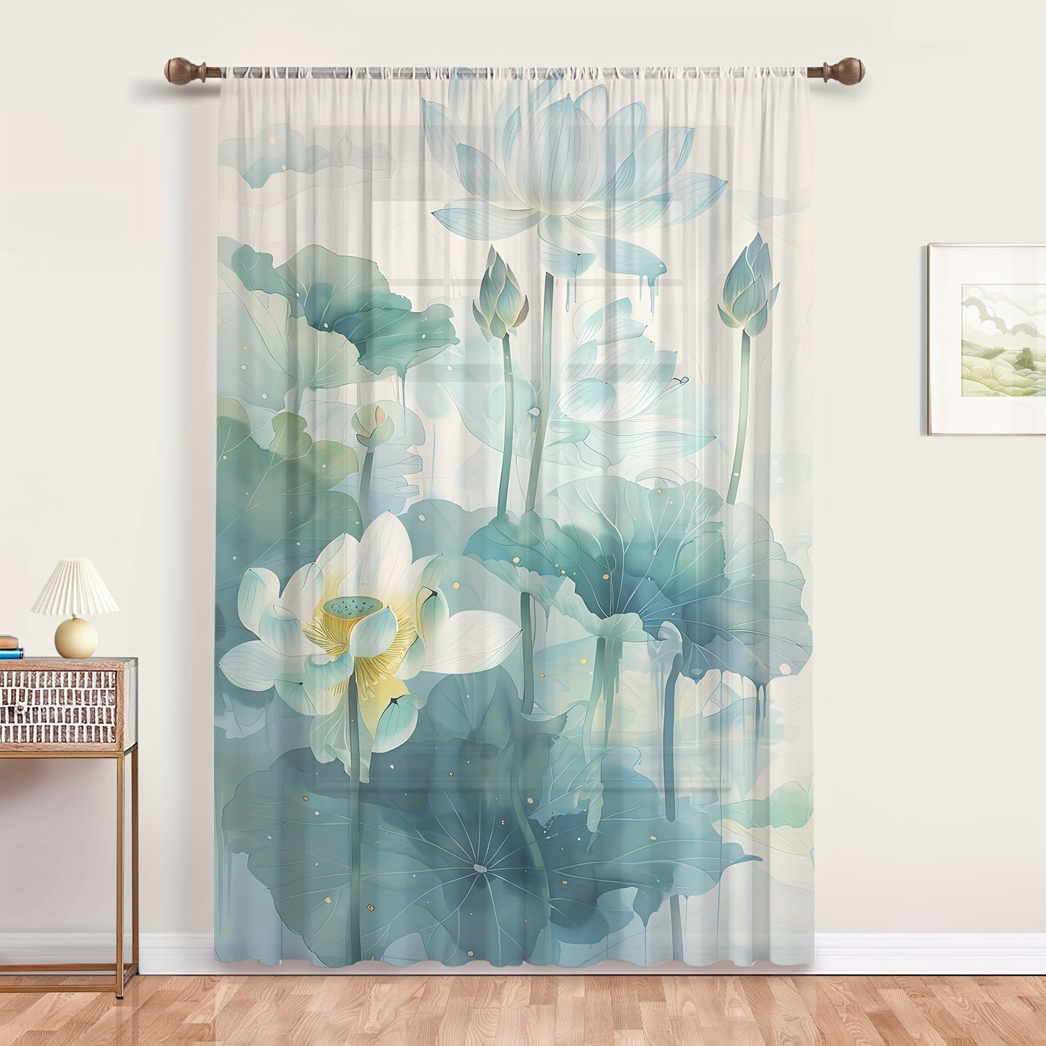 

Zen Green Lotus Leaf Print Semi-sheer Rod Pocket Curtain Panel, Traditional Machine Washable Decorative Polyester Drapery For Living Room And Bedroom - Unlined, Woven, All-season, Single Panel