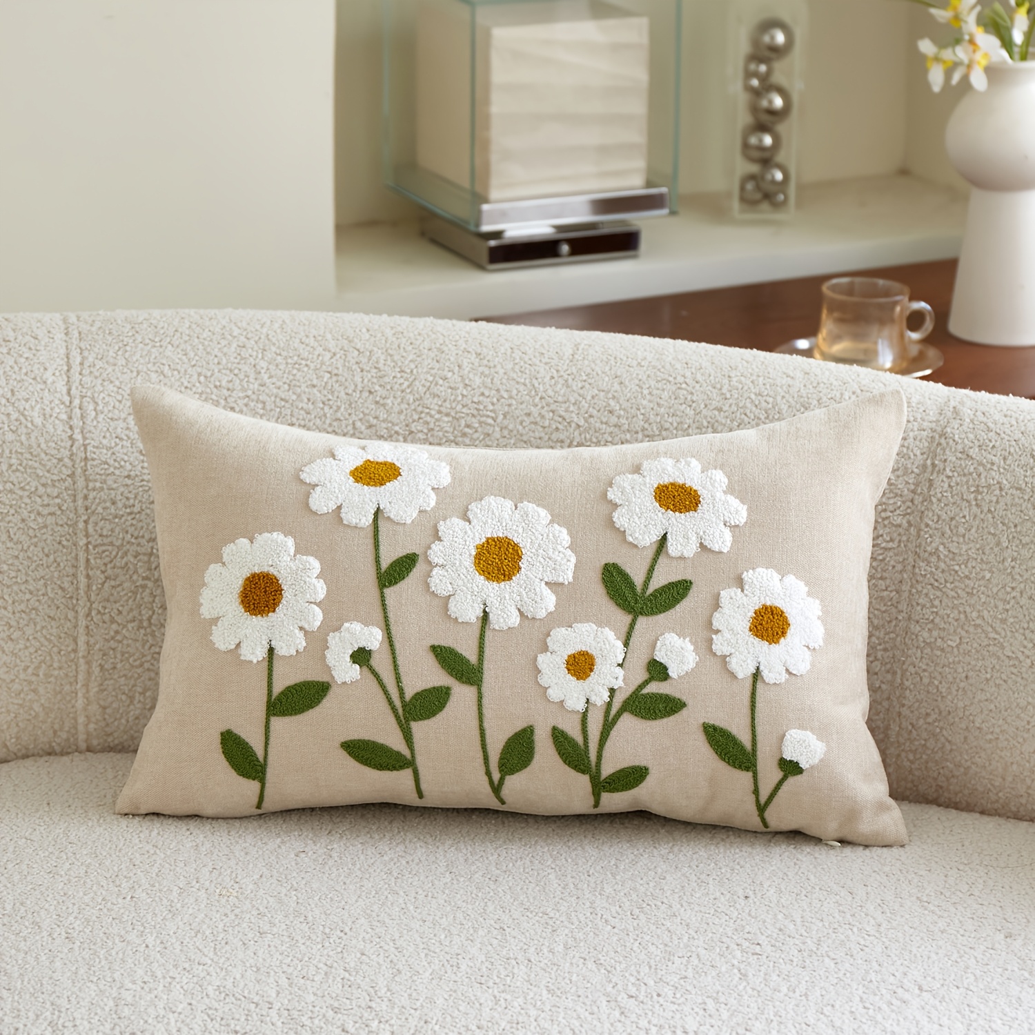 TEMU de cojín bordada con margaritas , 1 pieza, para interior/exterior, tela de chenilla y cómoda, adecuada para fundas de almohada decorativas de