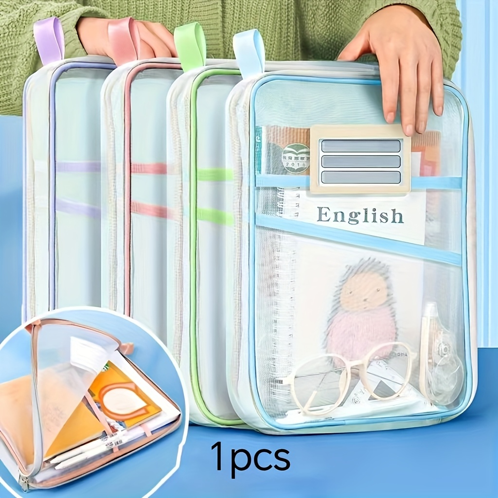 1pc A4 Zippered File Bag - Three-layer Thick Gauze, Transparent Nylon File Storage Bag, With Colorful Handle, Perfect For Students' Exam Papers, Books And Office Supplies
