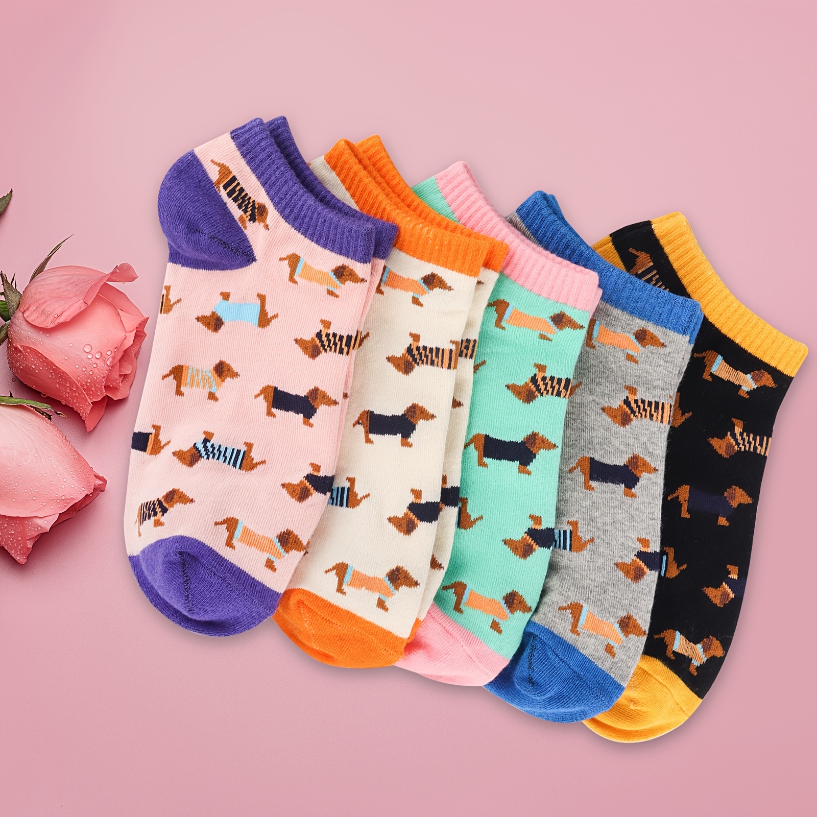 E-shop 5 Paar Valporia Corgi- & Dackel-Socken, niedrige Bootssocken mit Corgi/Dackel-Aufdruck, lustige Geschenke für Corgi-, Geburtstagsgeschenke für