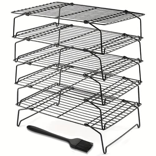 5pcs cooling rack set with oil brush 5 tier non stick stackable grill racks for cooking and baking safe easy to clean durable