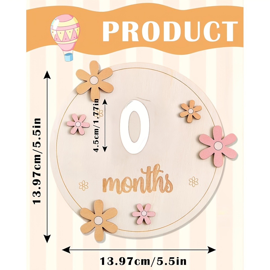 TEMU Panneau de jalons mensuels en bois avec interchangeables de fleurs roses-brunies et de chiffres, adapté aux bébés de 1 à 12 mois. Accessoire