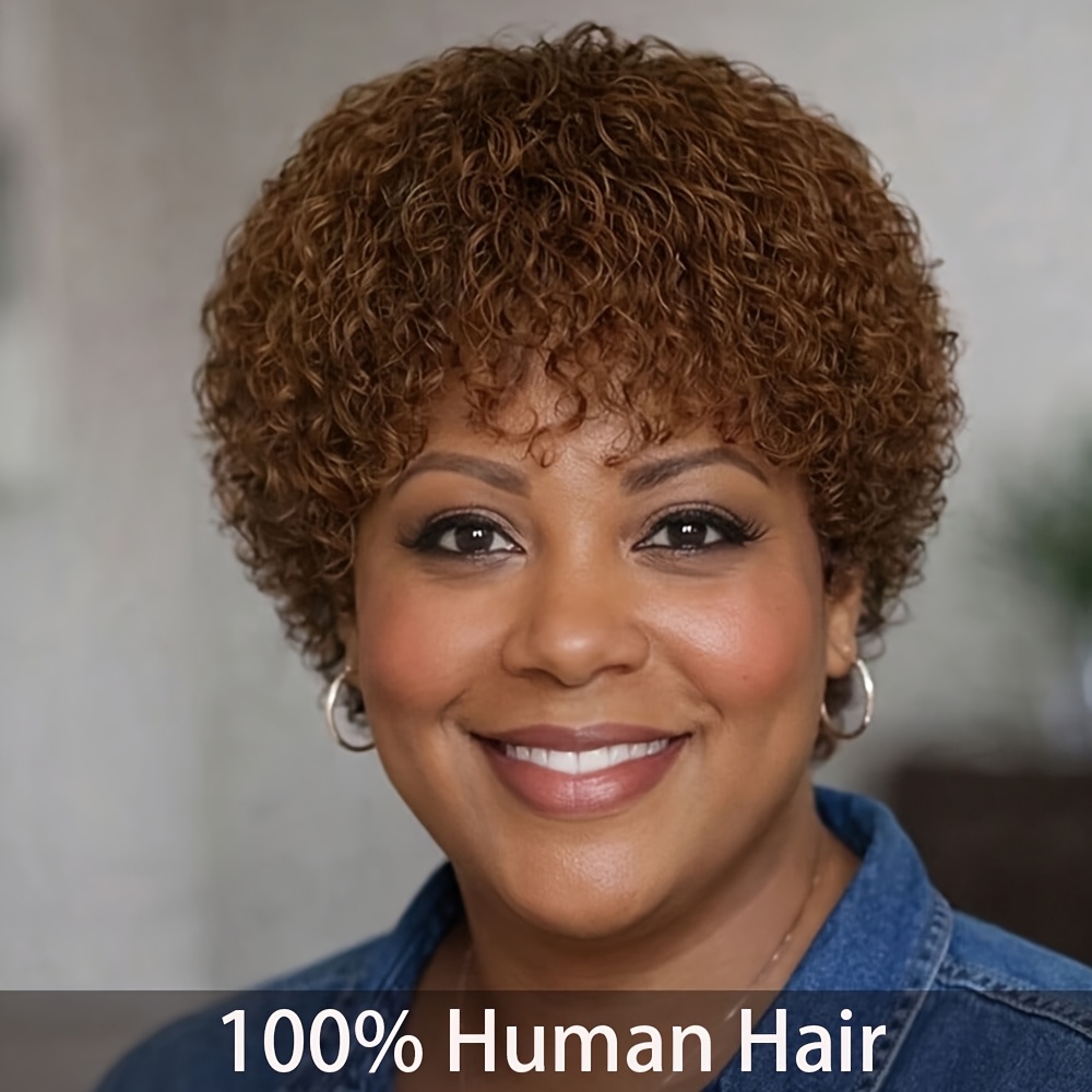 TEMU Perruque Afro Crépue Bouclée avec Frange - Couleur 4# Perruque en Cheveux Humains Brésiliens pour Femme Coupe Courte Bouclée Perruque en Cheveux