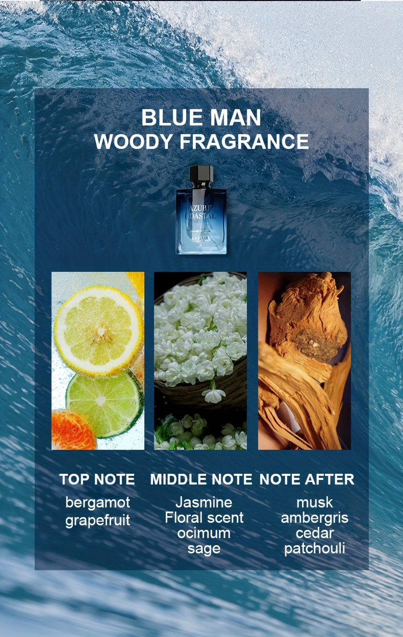 1 x Azur Coastal Men's Eau De Toilette - 50ml Woody Scented Perfume with Cedar, Musk, Lemon, Ambergris, Pepper - Formaldehyde-Free, Alcohol-Based, Medium Strength Fragrance for Dating & Gifting