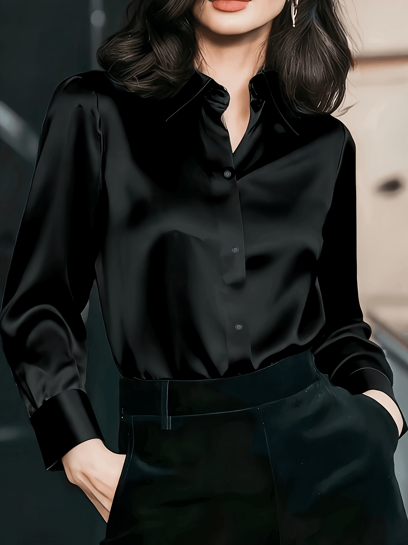 womens spring autumn elegant satin solid color shirt for commuting