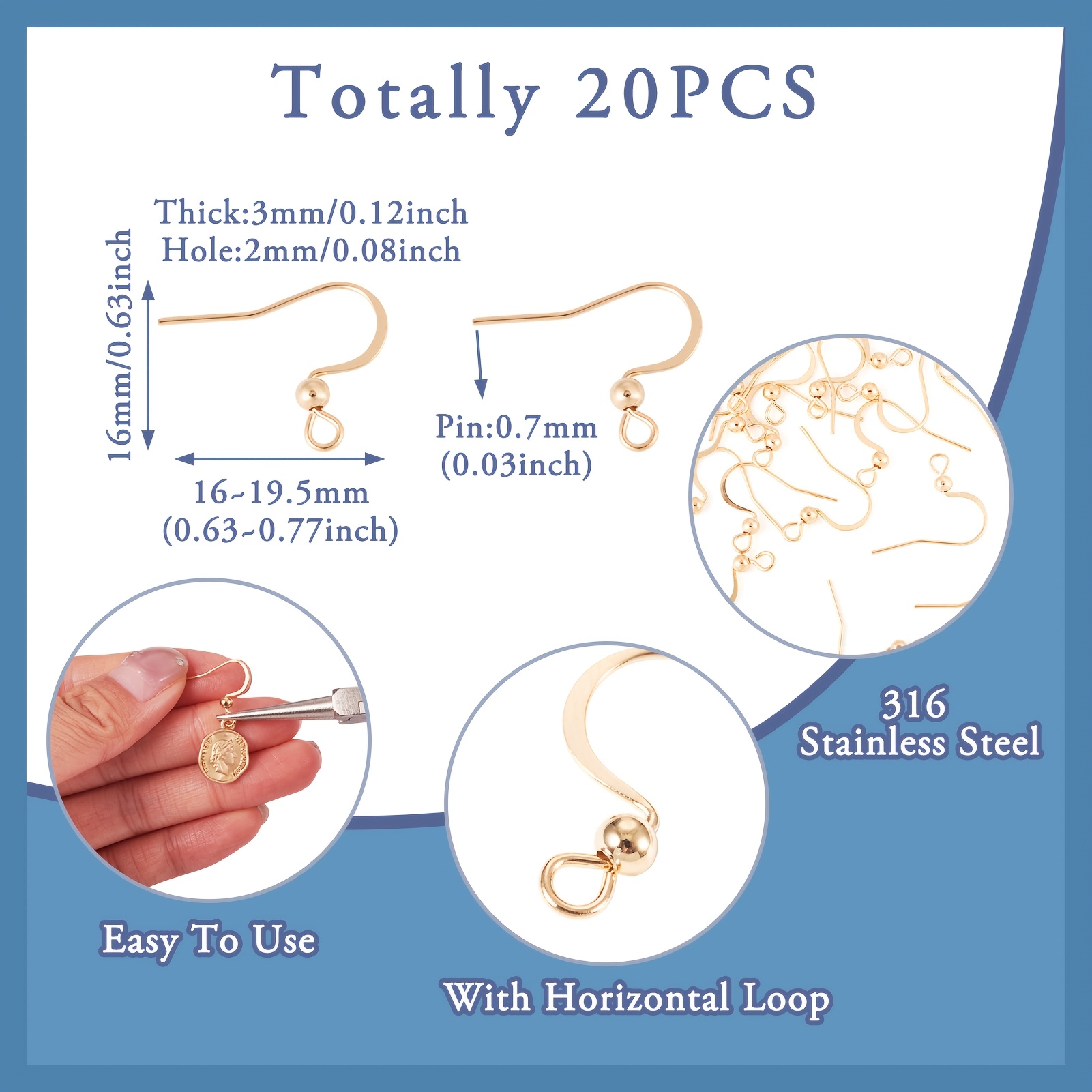 TEMU 20pcs Crochets de boucles d'oreilles en acier inoxydable chirurgical 316, fil d'oreille avec boucle horizontale, plaqué or , 16X16~19.5X3Mm,