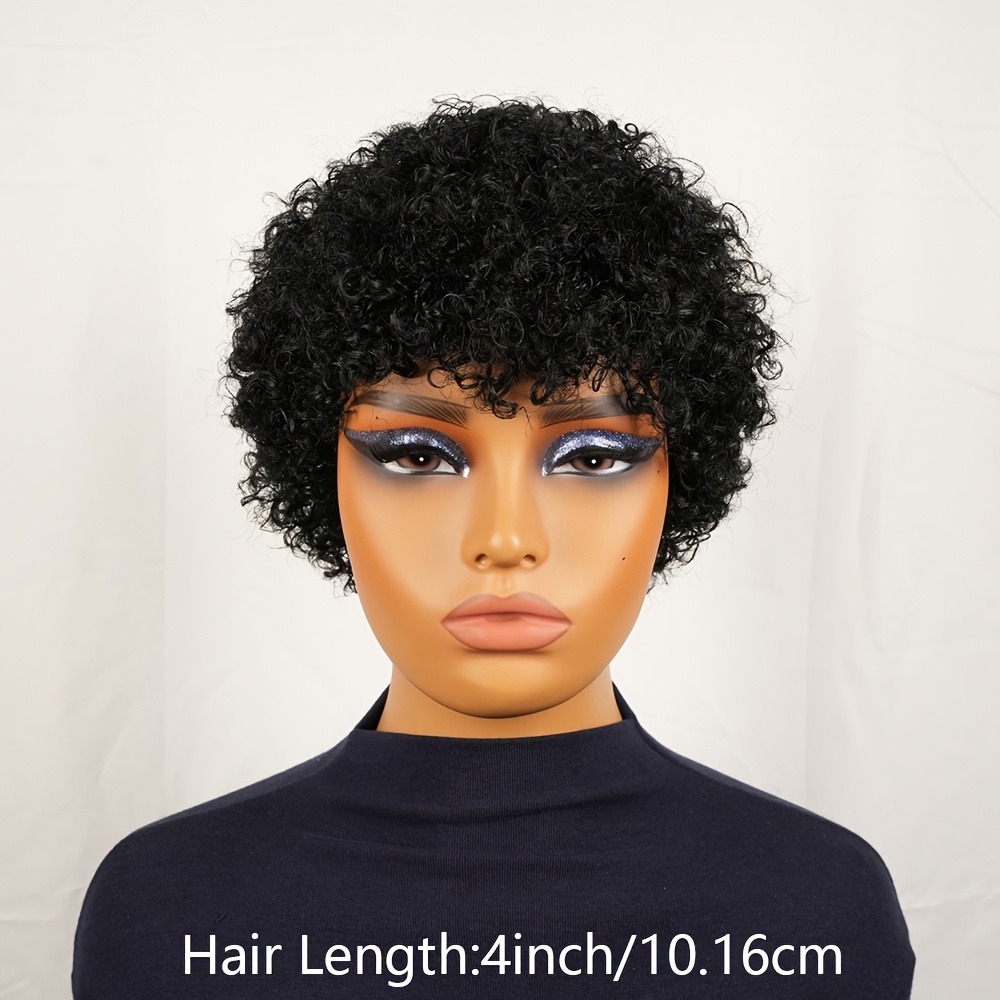 TEMU Perruque brésilienne en cheveux humains pour femmes - Afro crépus et bouclés, coupe avec frange, courte de 4 pouces, bouclés à , postiche à de