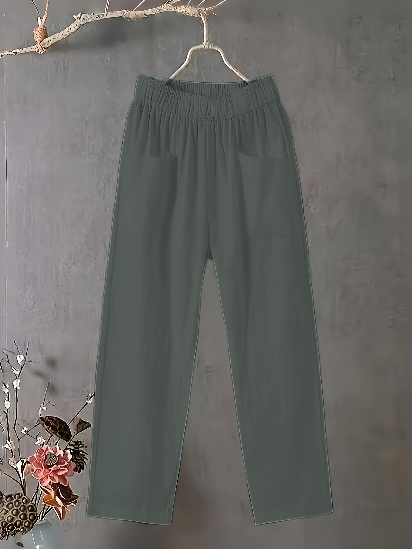 Women's Plus Size Lightweight Straight-Leg Pants - Casual White Harem Style, Elastic Waistband, Polyester, Machine Washable for Spring/Summer/Fall