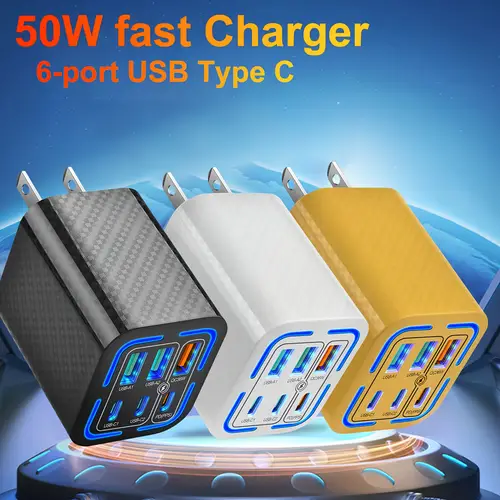 50w fast charging pd usb type c wall charger with 6 ports compatible with iphone 16 15 14 11 pro max xr xs ipad samsung ultra s24 ultra ultra lightweight portable and travel friendly