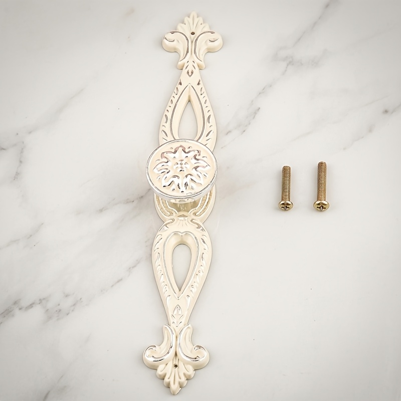 TEMU 1pc Of Beige-yellow Handle + 2pcs Of Screws In Different Lengths, Totaling 3pcs. European-style Beige-yellow Silvery-trimmed Vintage Carved