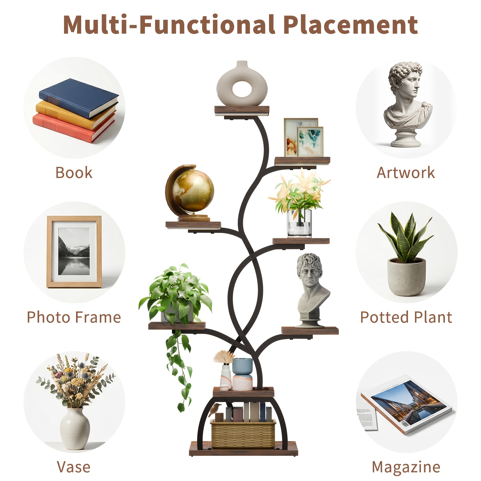 1pc Bookshelf with LED Lights- 8 Tier 123cm Multi-functional Metal Display Shelf Corner for Books Magazines Photo Frames, Vases, 48.7