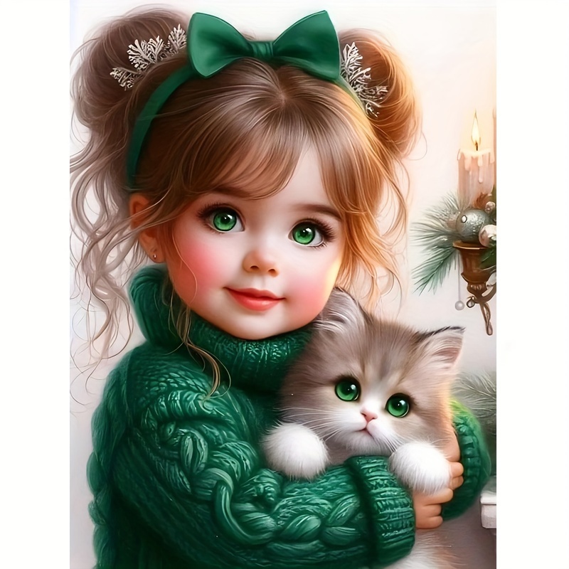 Image of 1pc Little Girl Holding A Cat, Diy 5d Diamond Painting Kit -- Round Diamonds, Frameless Canvas Craft, Suitable For Decor, An For Holiday Gifts