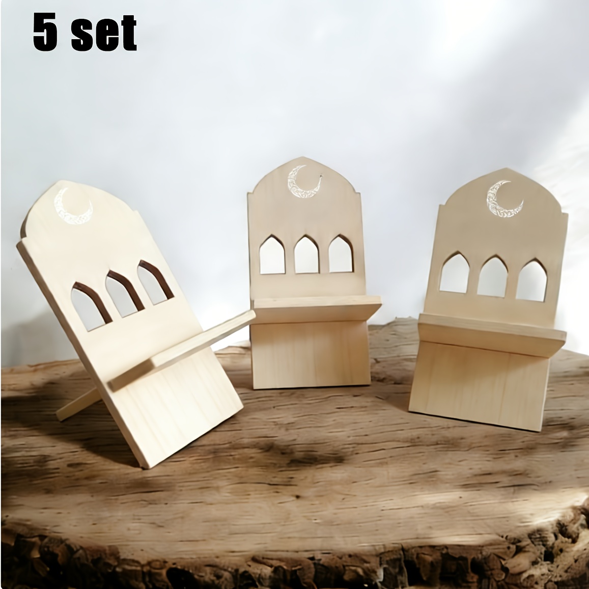 Image of 5pcs Ramadan Table Decor - Wooden Date Holder Stand Image And Text, Perfect For Ramadan Gatherings, Festive Home Decoration, Rustic Style, Manufactured, Tabletop Mounting