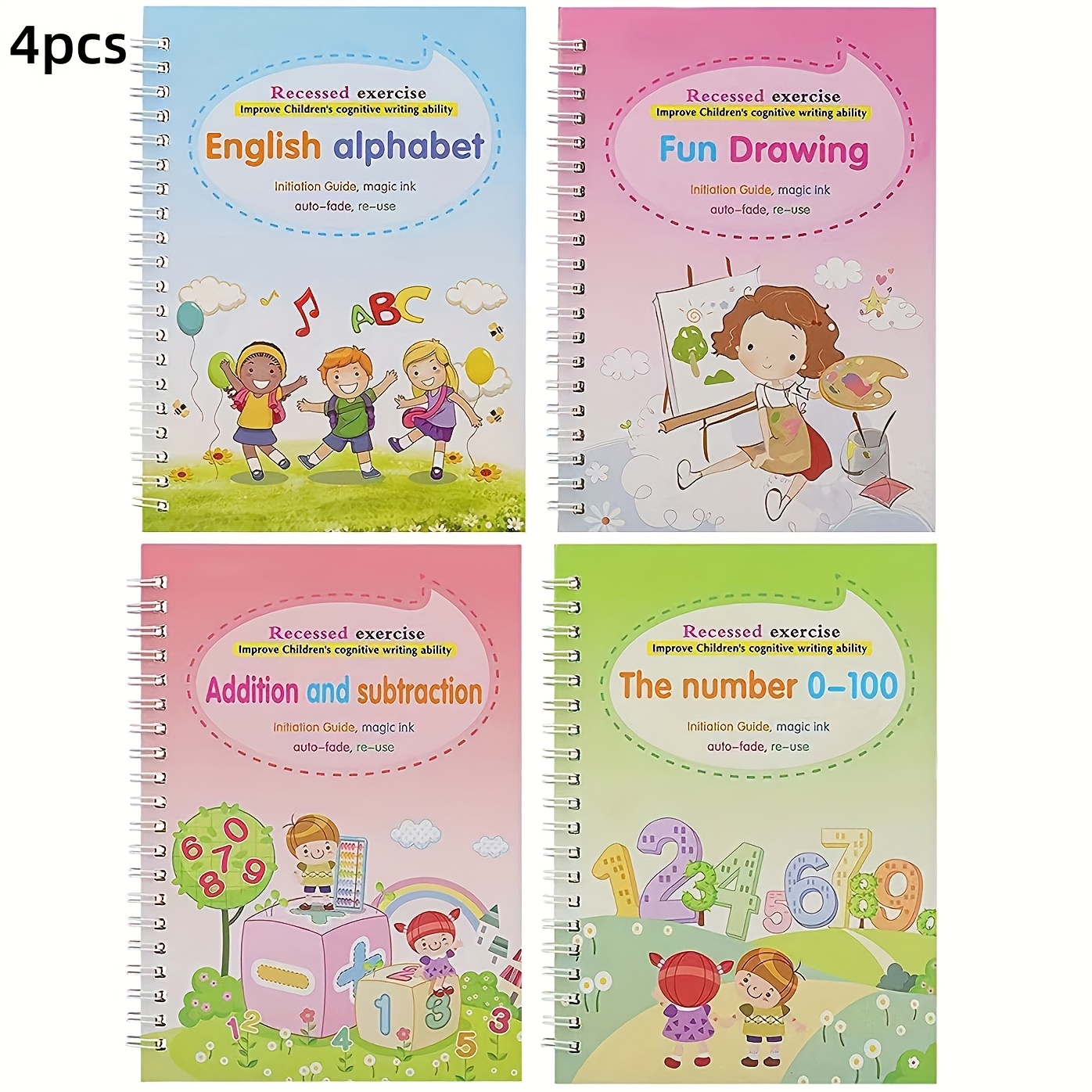 4pcs Copybooks, Reusable Writing Practice Notebooks, Handwriting Aids For Preschool Children Aged 3-8