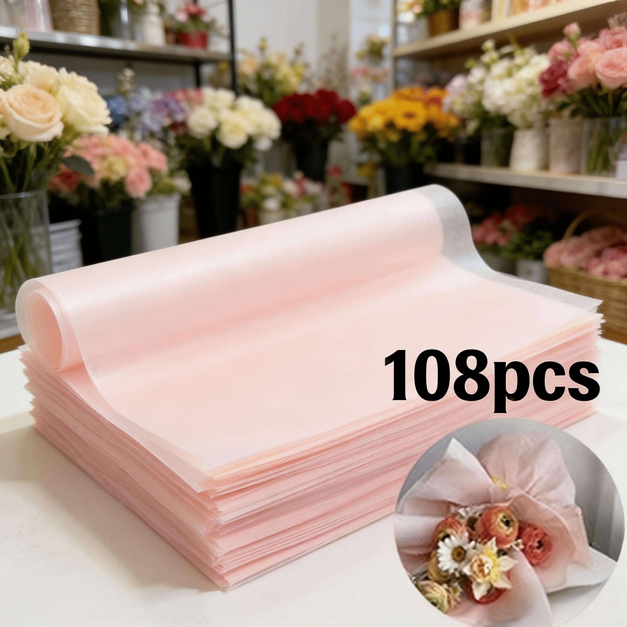 E-shop 108 Blatt wasserfestes Blumen-Geschenkpapier, geeignet für Blumensträuße, Strauß-Einsätze, einfarbiges Geschenkpapier für Blumenläden mit
