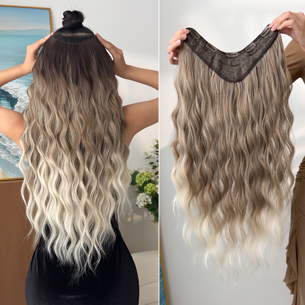 Clip In Hair Extensions V-shaped Ombre 24 Inch Long Water Wave Heat Resistant Fiber Synthetic Hairpiece For Women Use
